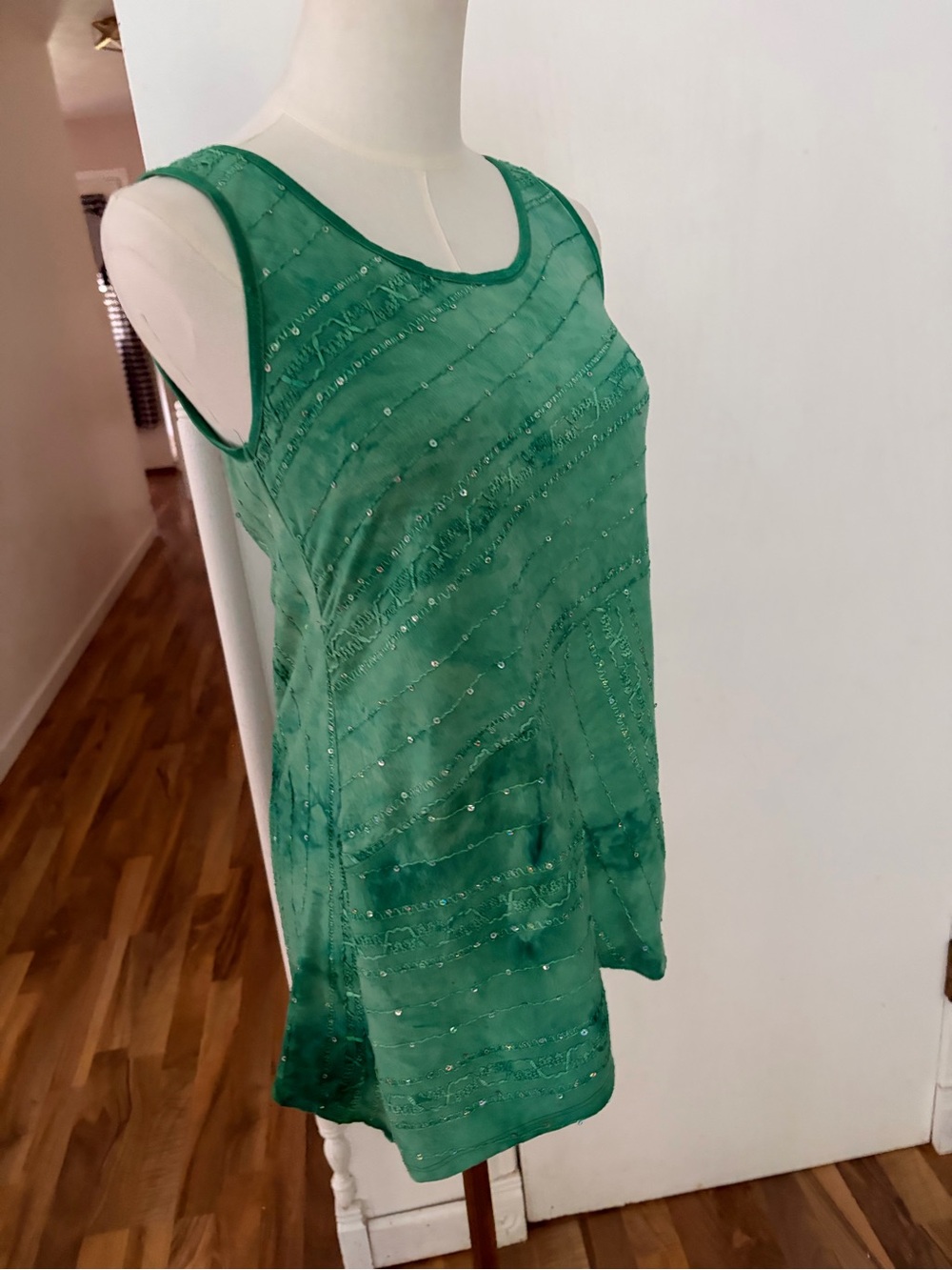 Gorgeous Green Embellished Sleeveless Tank Top, Dainty Sequins, Y2K Style, Small